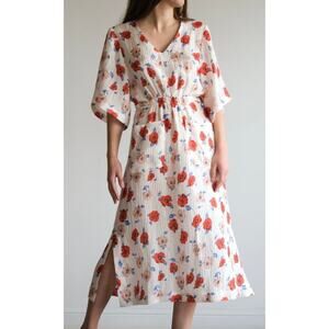 No. 6 Store Grace Midi Dress Crinkles Silk Blend Floral Belted Kimono Sleeve